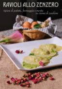 Ravioli allo zenzero ripieni di patate, formaggio e menta su crema di zucchine