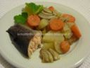 Trota salmonata al forno, con patate,carote e finocchi