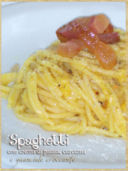 Spaghetti con crema di patata, curcuma e guanciale croccante