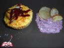 Sformatini di riso con salsa al radicchio e tempura di pera
