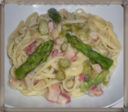 Linguine con asparagi, pancetta, fave di carpino e pecorino