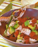 Scampi picantini con avocado.