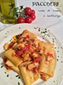 Paccheri con coda di rospo, pomodorini e bottarga grattugiata