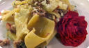 Maltagliati alla salsiccia di Bra, castelmagno e fiorellini di campo.