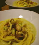 Tonnarelli con porri, zucchine e pancetta
