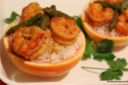 Cestini di riso basmati con asparagi e gamberoni in salsa di pompelmo