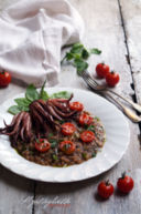Farro con crema di melanzane, ciuffi di totano, pomodorini scottati e olio al basilico