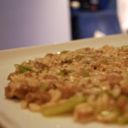 Risotto al Sakè con Luganega croccante, Puntarelle e Polvere di Capperi